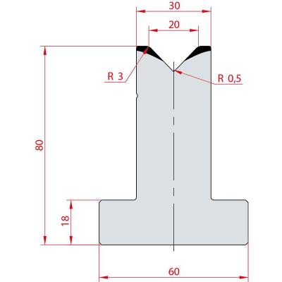 3017: Matrice en T acier C45 V:20 à 88° H:80