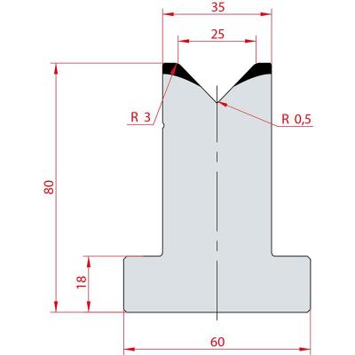 3018: Matrice en T acier C45 V:25 à 88° H:80
