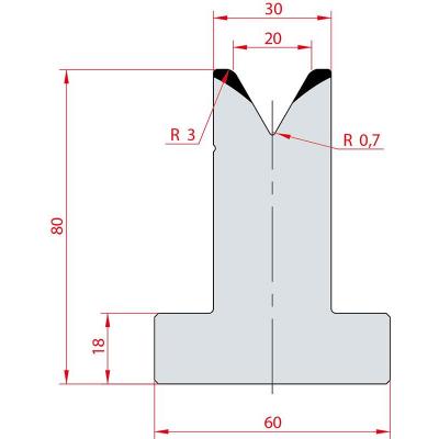 3024: Matrice en T acier C45 V:20 à 60° H:80