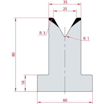 3025: Matrice en T acier C45 V:25 à 60° H:80