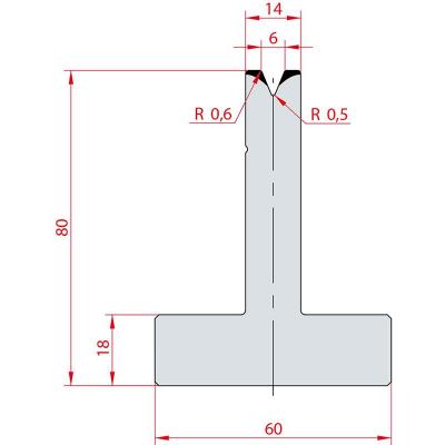 3026: Matrice en T acier C45 V:6 à 45° H:80