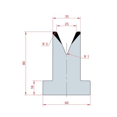 3032: Matrice en T acier C45 V:25 à 45° H:80