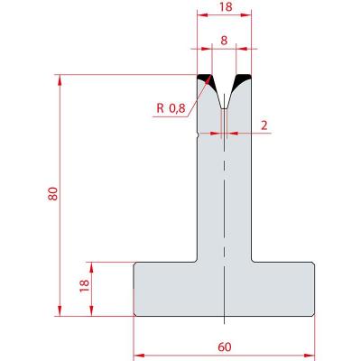 3043: Matrice en T acier C45 V:8 à 30° H:80