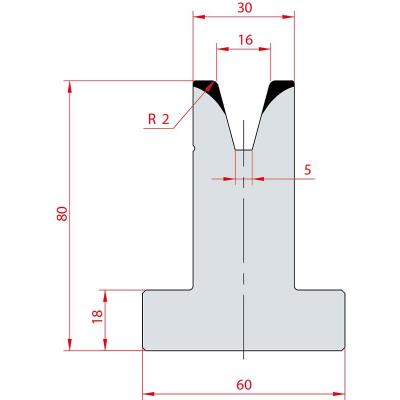 3046: Matrice en T acier C45 V:16 à 30° H:80