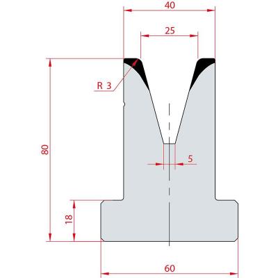 3048: Matrice en T acier C45 V:25 à 30° H:80