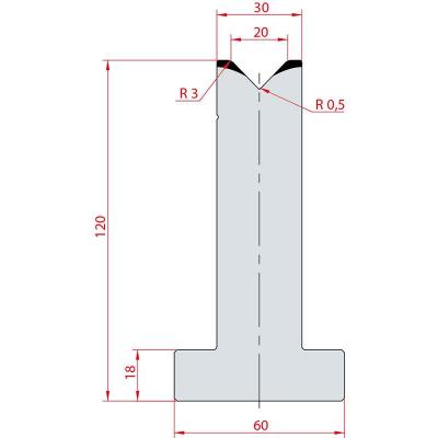 3057: Matrice en T acier C45 V:20 à 88° H:120