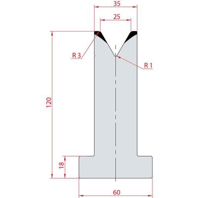 3065: Matrice en T acier C45 V:25 à 60° H:120
