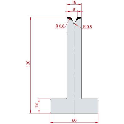 3067: Matrice en T acier C45 V:8 à 45° H:120
