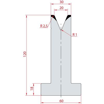 3071: Matrice en T acier C45 V:20 à 45° H:120