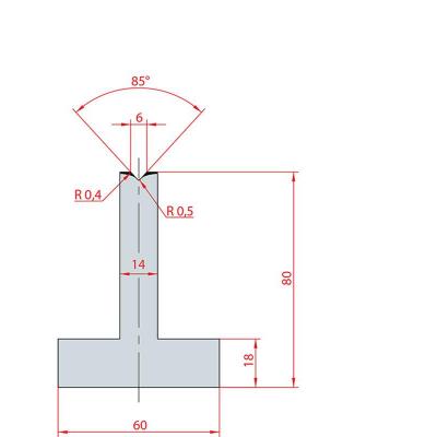 3086: Matrice en T acier C45 V:6 à 85° H:80