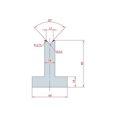 3089: Matrice en T acier C45 V:12 à 85° H:80