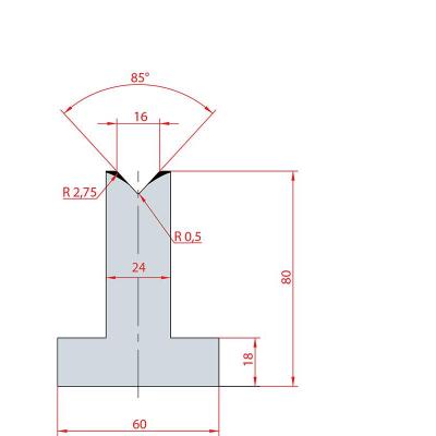 3090: Matrice en T acier C45 V:16 à 85° H:80